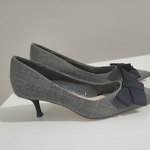Zara Women’s Black Gray Plaid Bow Mini Heels EU 36 Pumps Office Career Shoes - Picture 13 of 16